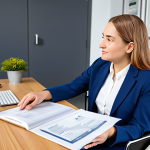 A professional female disability advisor, fully clothed in a modest business suit, engages in empathetic, inclusive communication with an adult male client using a wheelchair in a bright, modern, accessible office. They are looking at a document together, fostering a sense of collaboration and understanding. The scene is captured with professional photography, ensuring perfect anatomy, correct proportions, natural pose, well-formed hands, and proper finger count. The atmosphere is supportive and professional, appropriate content, safe for work, high quality.
