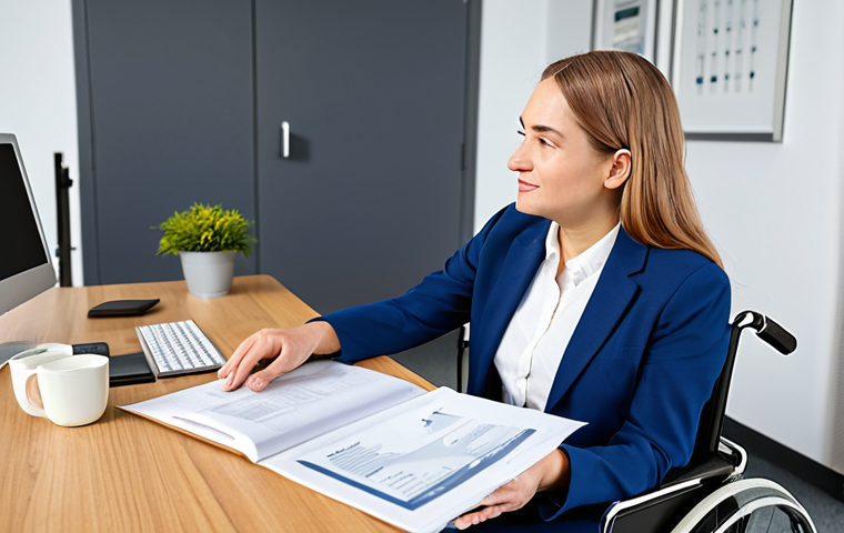 A professional female disability advisor, fully clothed in a modest business suit, engages in empathetic, inclusive communication with an adult male client using a wheelchair in a bright, modern, accessible office. They are looking at a document together, fostering a sense of collaboration and understanding. The scene is captured with professional photography, ensuring perfect anatomy, correct proportions, natural pose, well-formed hands, and proper finger count. The atmosphere is supportive and professional, appropriate content, safe for work, high quality.