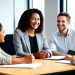 **

"A diverse group of people with varying abilities collaborating in a bright, modern office space. A counselor (male or female, appropriate attire) smiles encouragingly as they discuss career options. Emphasize inclusivity and teamwork. Safe for work, appropriate content, fully clothed, professional, perfect anatomy, natural proportions, well-formed hands.  Focus on creating a hopeful and empowering scene."

**