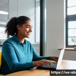 Home 21 장애인상담사 직무 변화 트렌드 - A modern digital advisory session in a bright, accessible office setting, featuring a professional a...