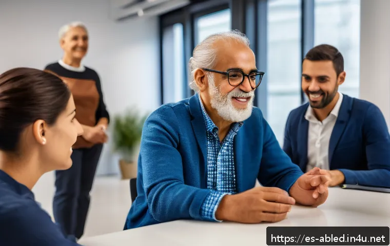 장애인상담사 자격증의 장점 - A compassionate professional advisor interacting warmly with a diverse group of people with disabili...