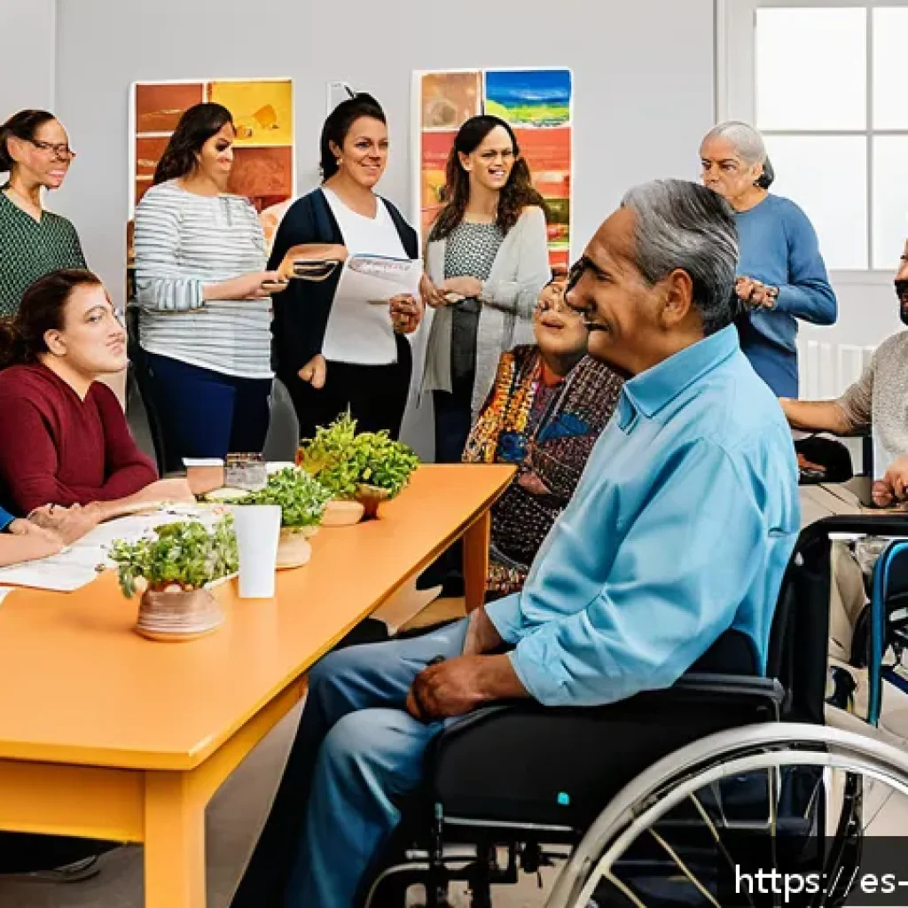 장애인상담사 현장 경험 공유 - A compassionate scene in a community center in a vibrant Spanish neighborhood, showing an interdisci...
