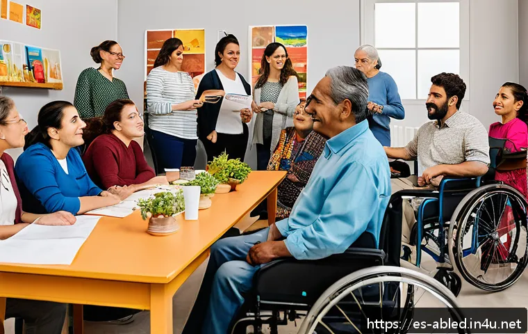 장애인상담사 현장 경험 공유 - A compassionate scene in a community center in a vibrant Spanish neighborhood, showing an interdisci...