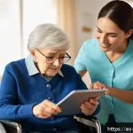 Home 18 장애인상담사 업무일기 작성법 - A professional caregiver in a modern home setting, attentively taking notes on a digital tablet whil...