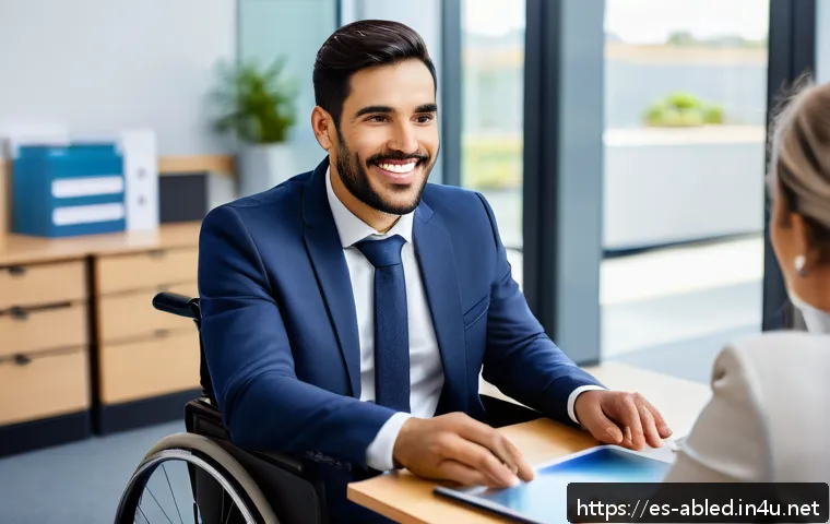 장애인상담사 연봉 정보 - A professional disability advisor in a modern office setting in a Spanish-speaking country, dressed ...