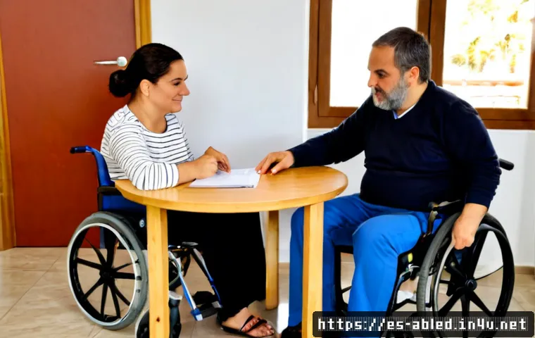 장애인상담사 상담 사례 - Photorealistic disability counseling session in a welcoming accessible community office in Spain, a ...